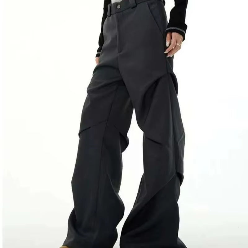 Black Loose Trousers with Double Waist Design and Draping Effect Straight Leg Pants High Street Style Casual Men'S Suit Trousers