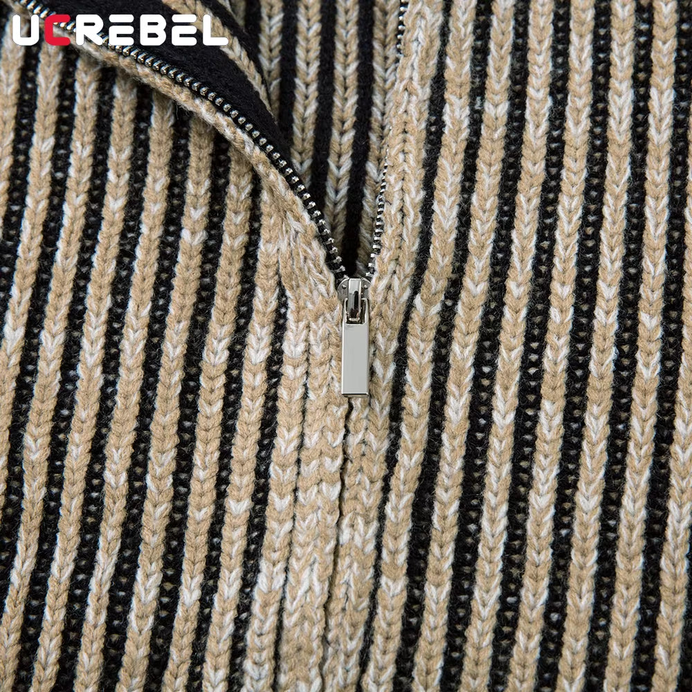 Striped Knitted Sweatercoat Mens Retro High Street Autumn Winter Lapel Long Sleeve Sweater Cardigan Man