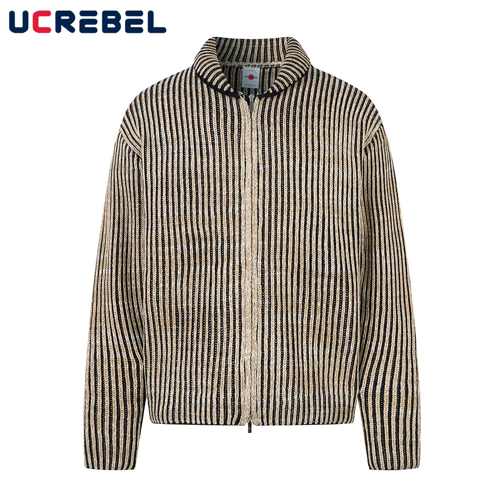 Striped Knitted Sweatercoat Mens Retro High Street Autumn Winter Lapel Long Sleeve Sweater Cardigan Man