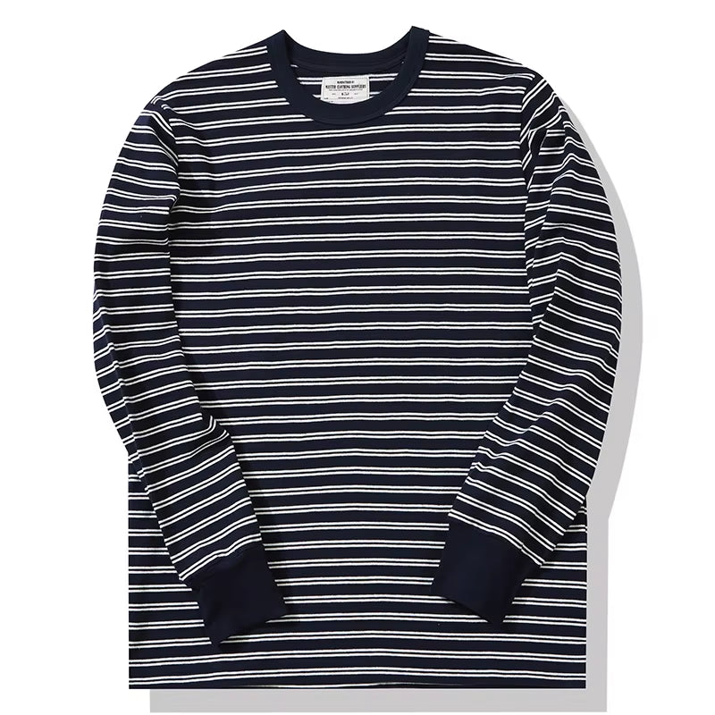 Vintage Sea Soul T-Shirt Men'S Amekaji Blue White Striped Long-Sleeved Tops Spring and Autumn Crewneck Cotton Base Shirts Spring