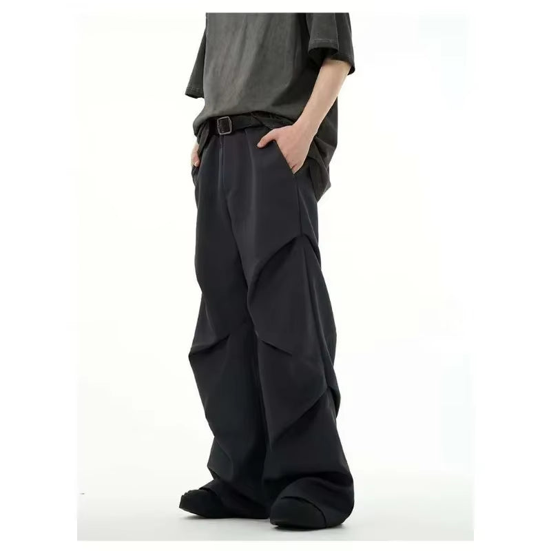 Black Loose Trousers with Double Waist Design and Draping Effect Straight Leg Pants High Street Style Casual Men'S Suit Trousers
