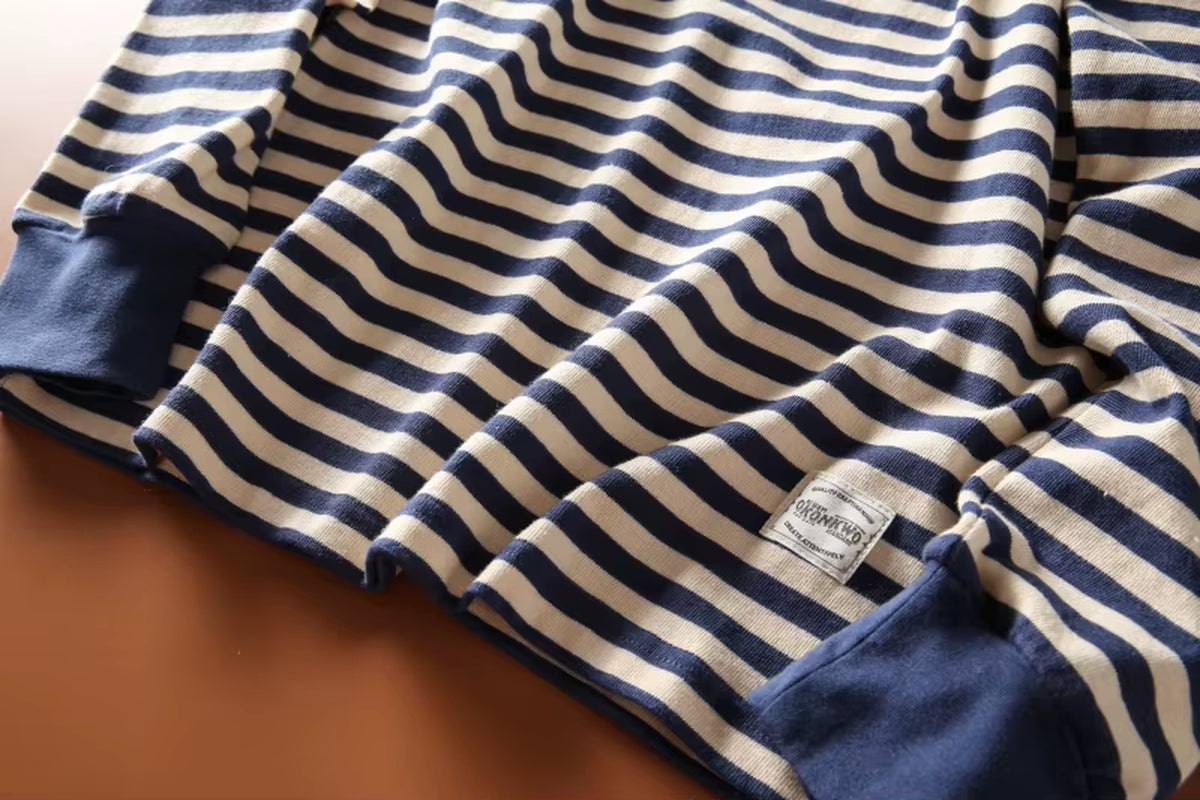 Vintage Sea Soul T-Shirt Men'S Amekaji Blue White Striped Long-Sleeved Tops Spring and Autumn Crewneck Cotton Base Shirts Spring