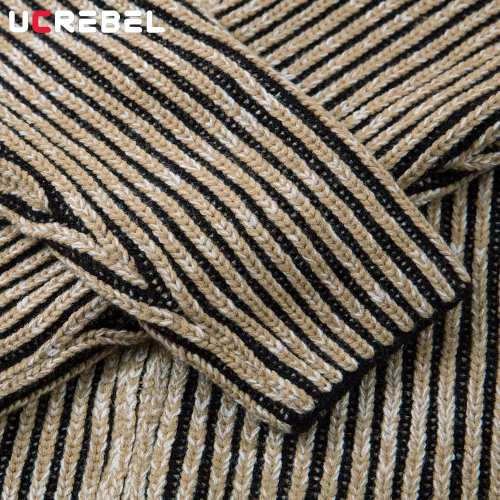 Striped Knitted Sweatercoat Mens Retro High Street Autumn Winter Lapel Long Sleeve Sweater Cardigan Man