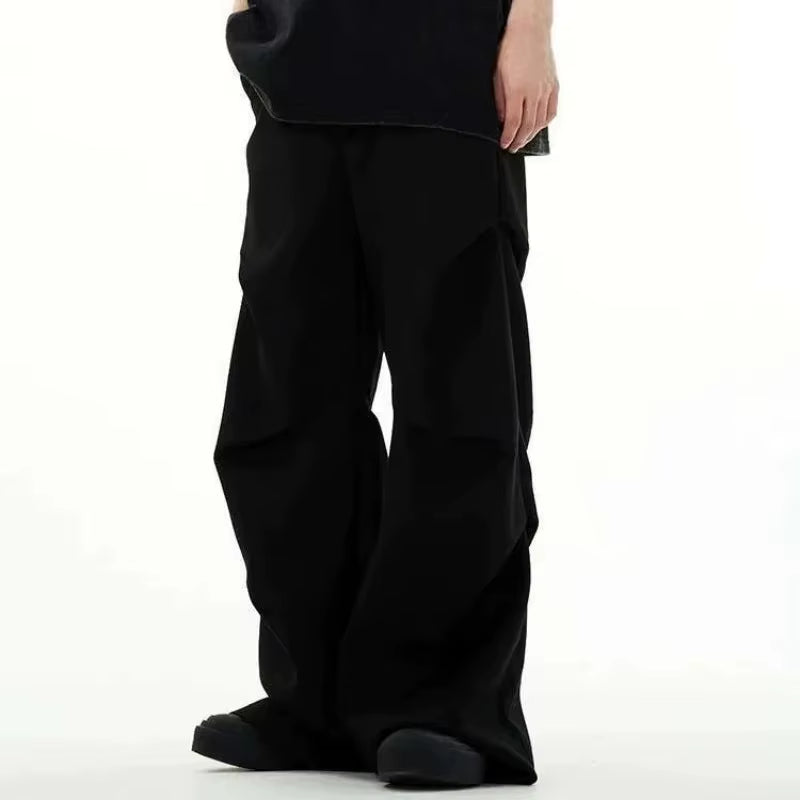 Black Loose Trousers with Double Waist Design and Draping Effect Straight Leg Pants High Street Style Casual Men'S Suit Trousers