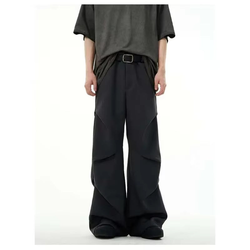 Black Loose Trousers with Double Waist Design and Draping Effect Straight Leg Pants High Street Style Casual Men'S Suit Trousers