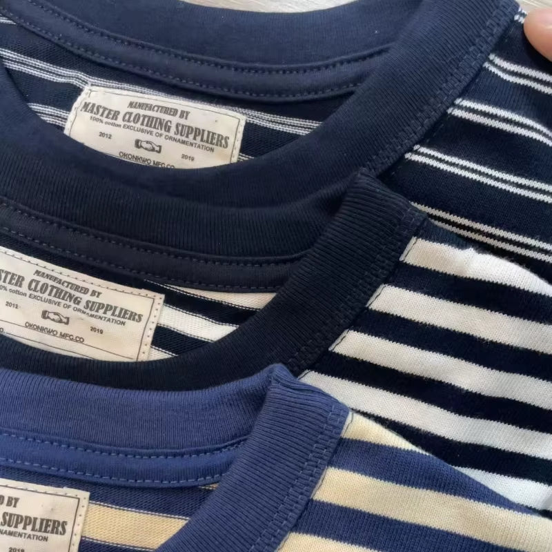 Vintage Sea Soul T-Shirt Men'S Amekaji Blue White Striped Long-Sleeved Tops Spring and Autumn Crewneck Cotton Base Shirts Spring