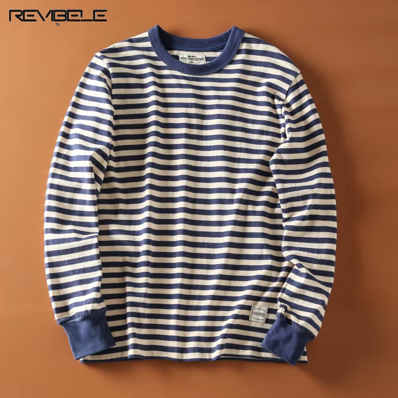 Vintage Sea Soul T-Shirt Men'S Amekaji Blue White Striped Long-Sleeved Tops Spring and Autumn Crewneck Cotton Base Shirts Spring