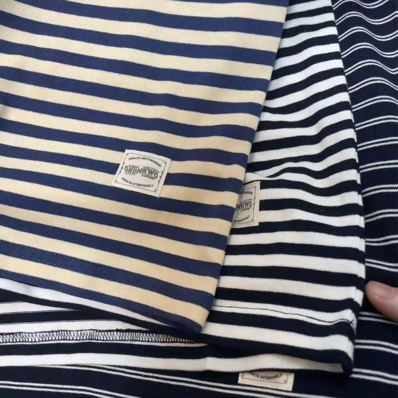 Vintage Sea Soul T-Shirt Men'S Amekaji Blue White Striped Long-Sleeved Tops Spring and Autumn Crewneck Cotton Base Shirts Spring