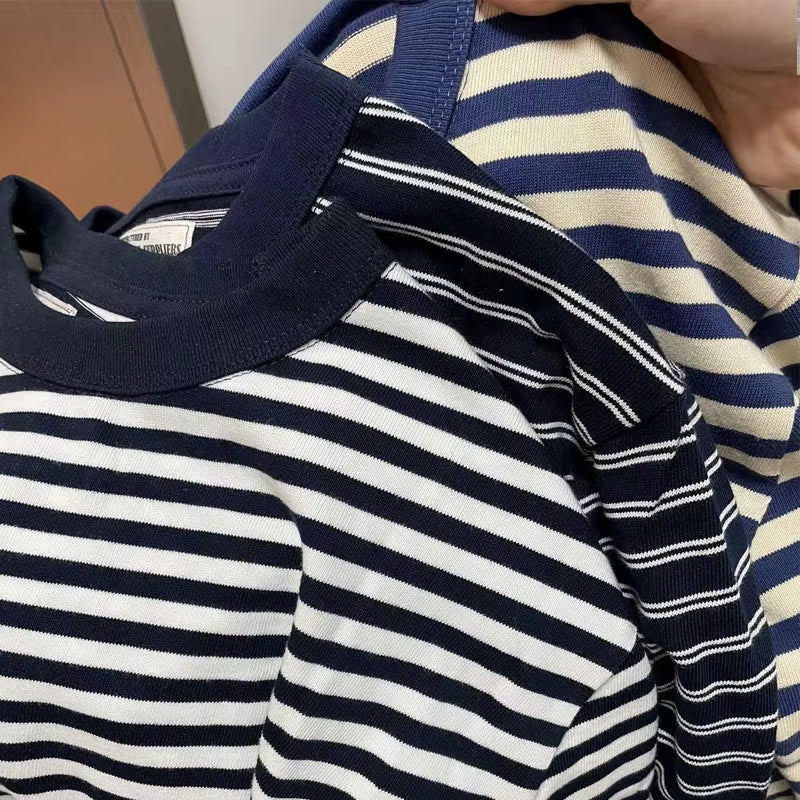 Vintage Sea Soul T-Shirt Men'S Amekaji Blue White Striped Long-Sleeved Tops Spring and Autumn Crewneck Cotton Base Shirts Spring
