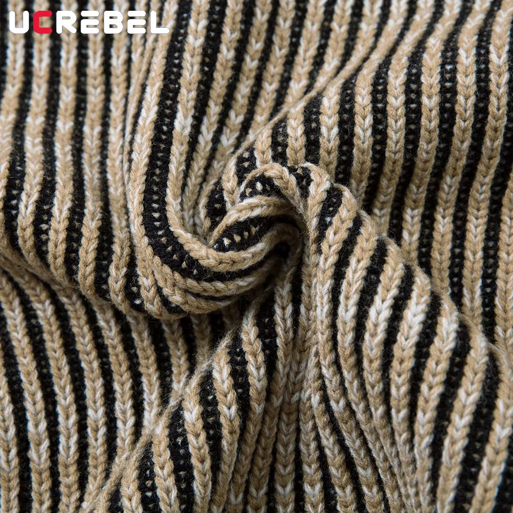 Striped Knitted Sweatercoat Mens Retro High Street Autumn Winter Lapel Long Sleeve Sweater Cardigan Man