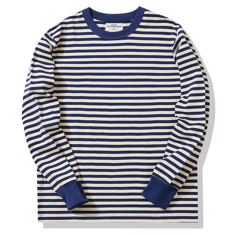 Vintage Sea Soul T-Shirt Men'S Amekaji Blue White Striped Long-Sleeved Tops Spring and Autumn Crewneck Cotton Base Shirts Spring