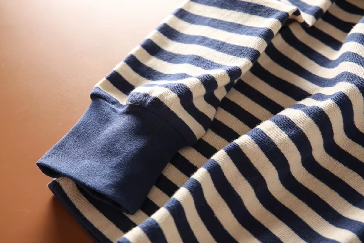 Vintage Sea Soul T-Shirt Men'S Amekaji Blue White Striped Long-Sleeved Tops Spring and Autumn Crewneck Cotton Base Shirts Spring