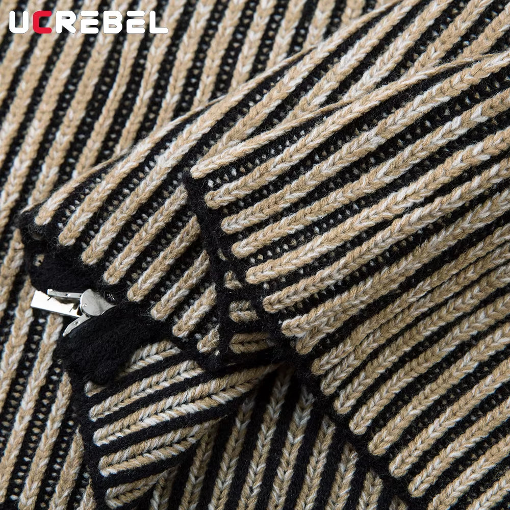 Striped Knitted Sweatercoat Mens Retro High Street Autumn Winter Lapel Long Sleeve Sweater Cardigan Man