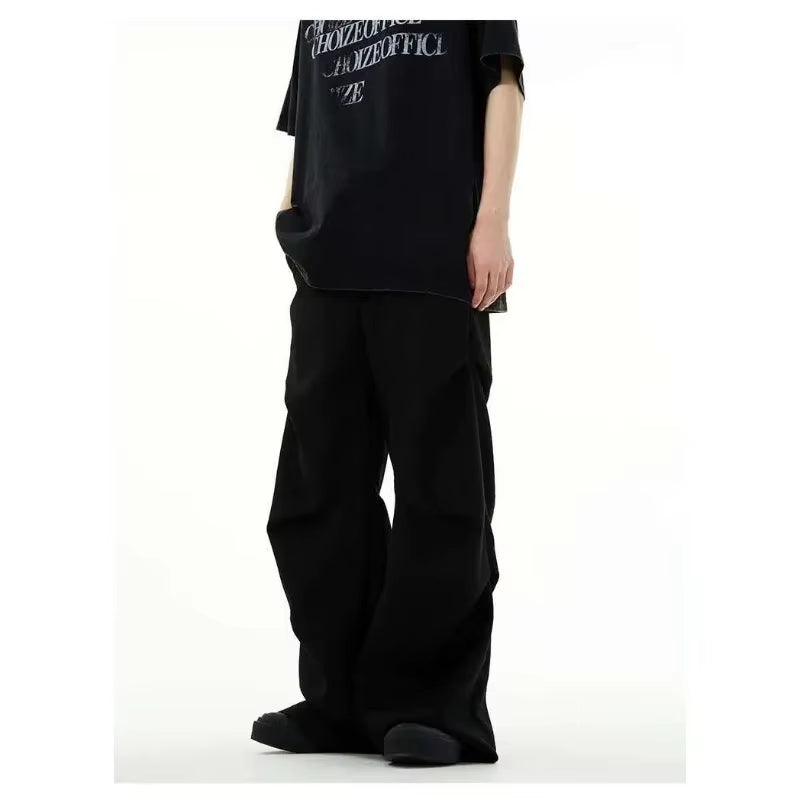 Black Loose Trousers with Double Waist Design and Draping Effect Straight Leg Pants High Street Style Casual Men'S Suit Trousers