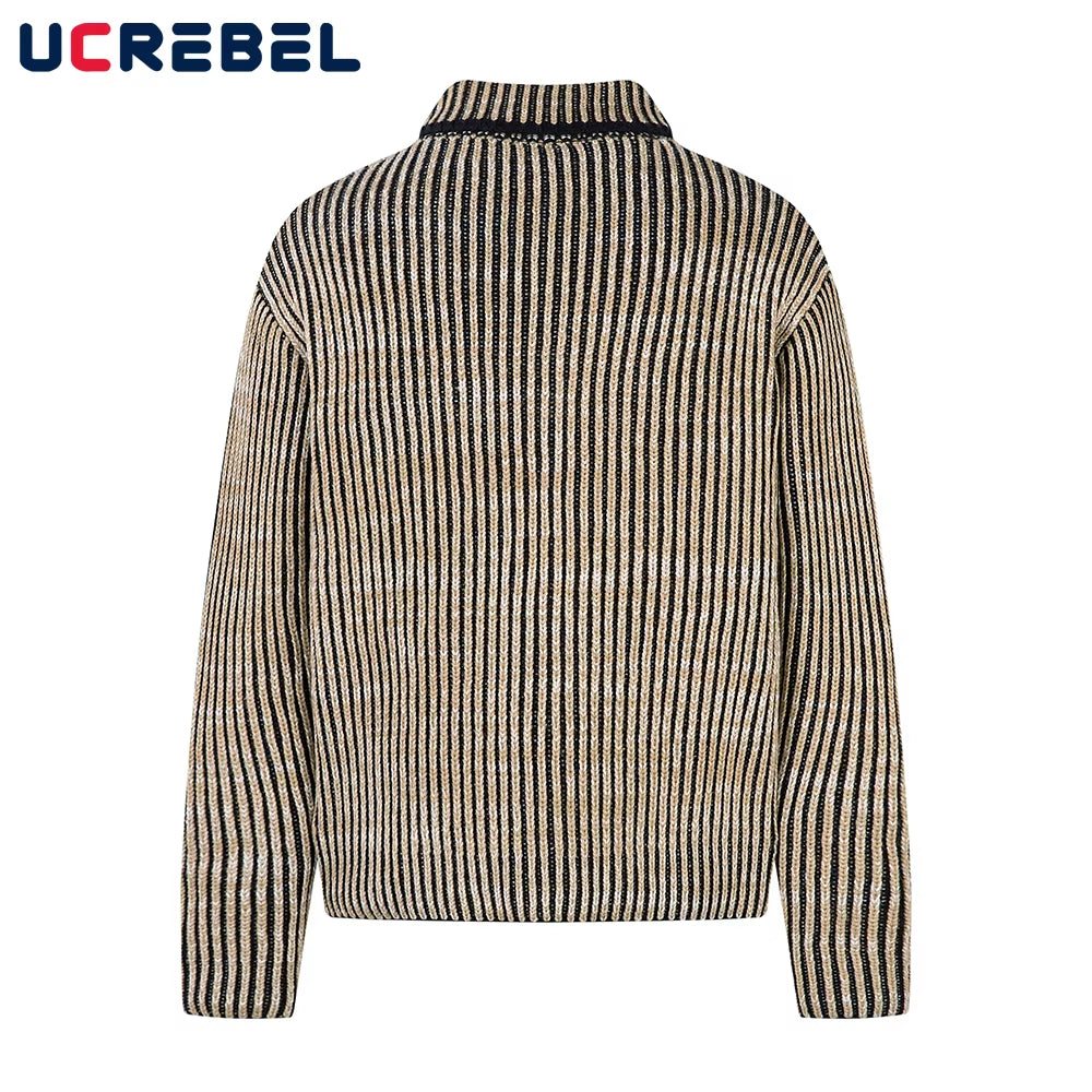 Striped Knitted Sweatercoat Mens Retro High Street Autumn Winter Lapel Long Sleeve Sweater Cardigan Man