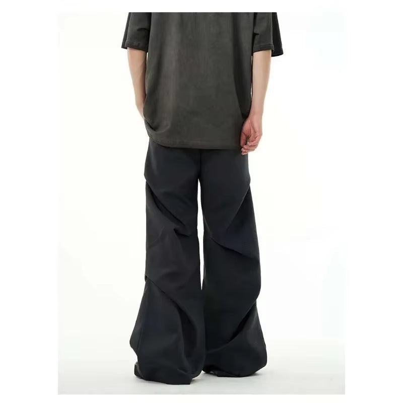 Black Loose Trousers with Double Waist Design and Draping Effect Straight Leg Pants High Street Style Casual Men'S Suit Trousers